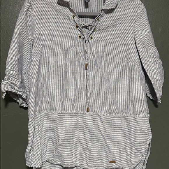 Ellen Tracy Gray Cuffed Sleeve Blouse with Tie Front - Picture 1 of 6